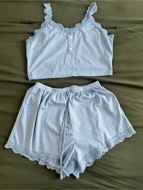 SHEIN Light Blue Ribbed Lace-Trim Cami & Shorts Sleep Set